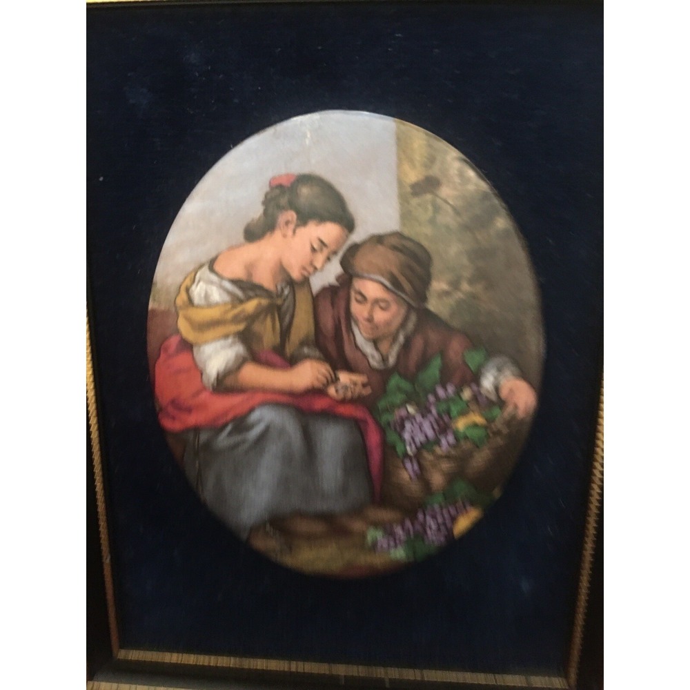 Vintage BONE CHINA MINIATURE MURILLO girls counting money grapes WALL HANGING